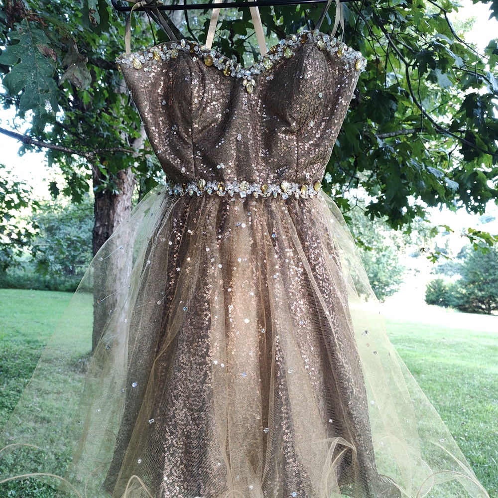 Gold Sequin Strapless Dress with Floral Accents